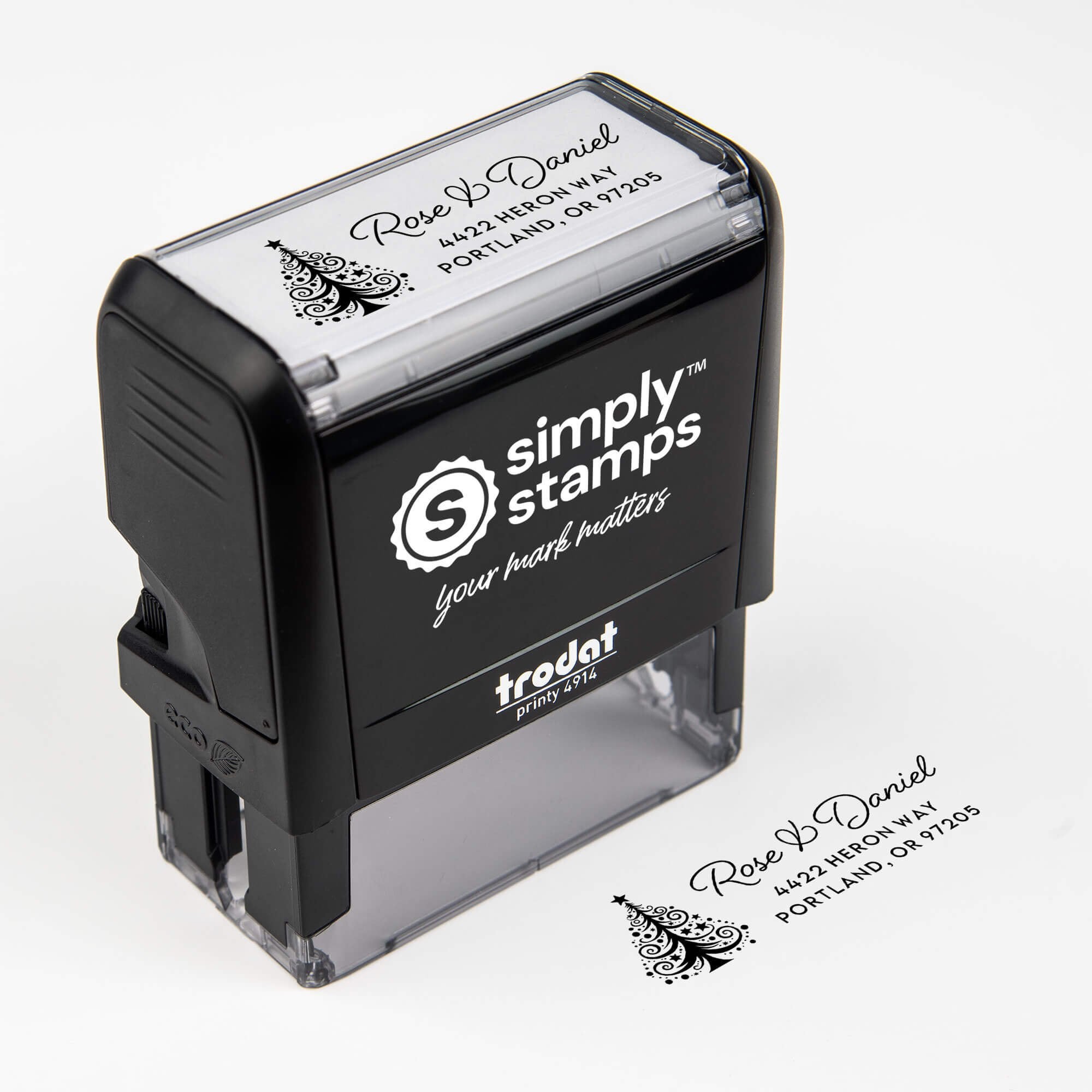 Christmas Tree return address on self inking stamp 
