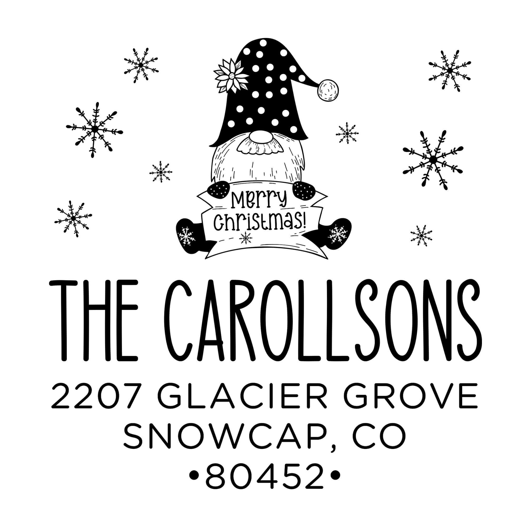 Holiday address stamp design featuring ‘Christmas Gnome’ with personalized family name and address.