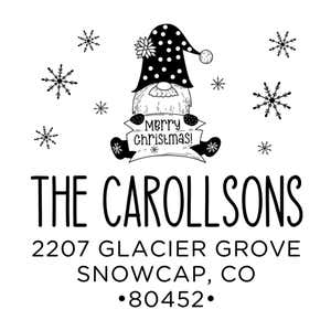 Holiday address stamp design featuring ‘Christmas Gnome’ with personalized family name and address.