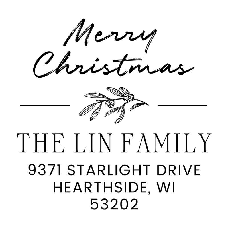 Holiday address stamp design featuring ‘Magnolia Merry Christmas’ with personalized family name and address.