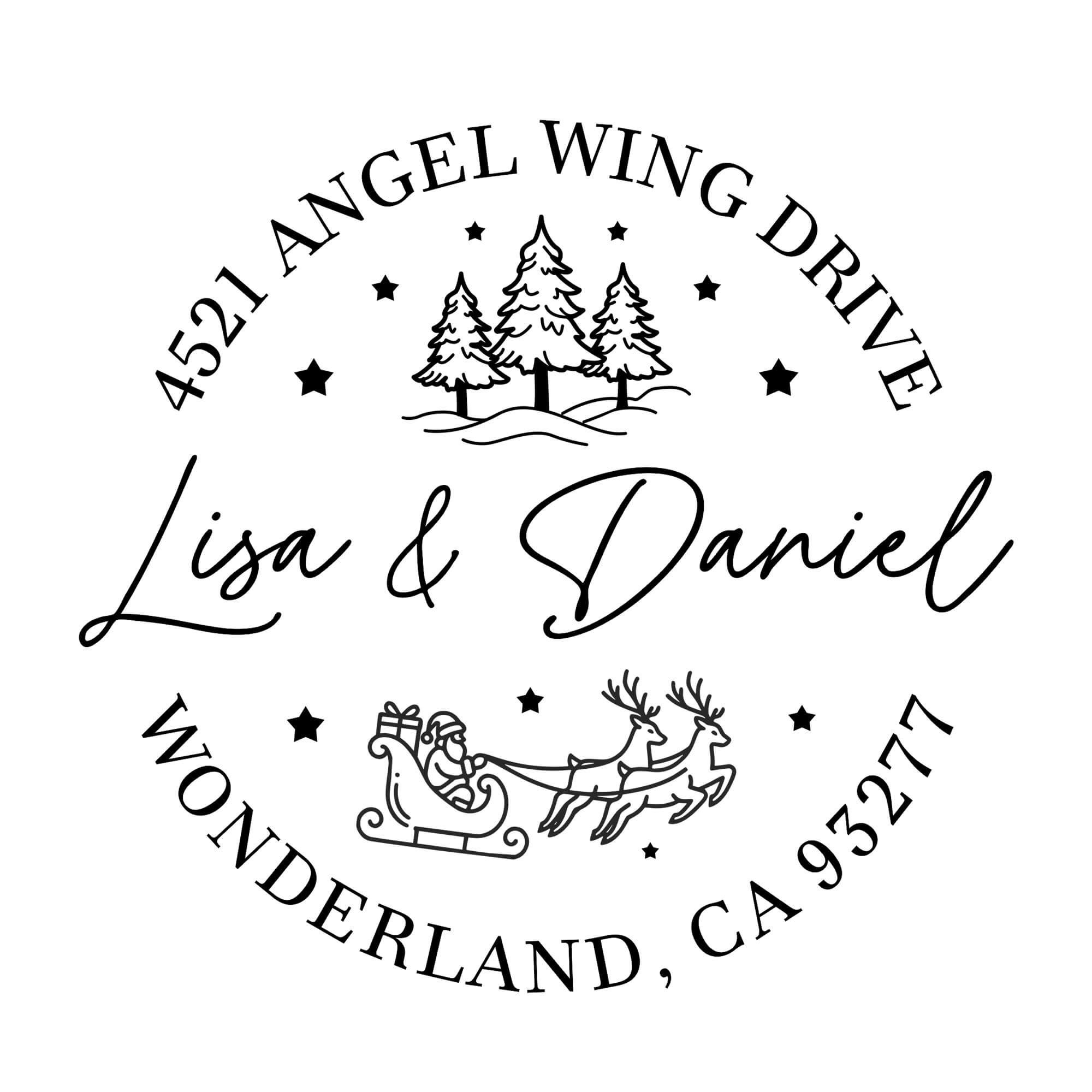 Holiday address stamp design featuring ‘Santa Sleigh Round’ with personalized family name and address.