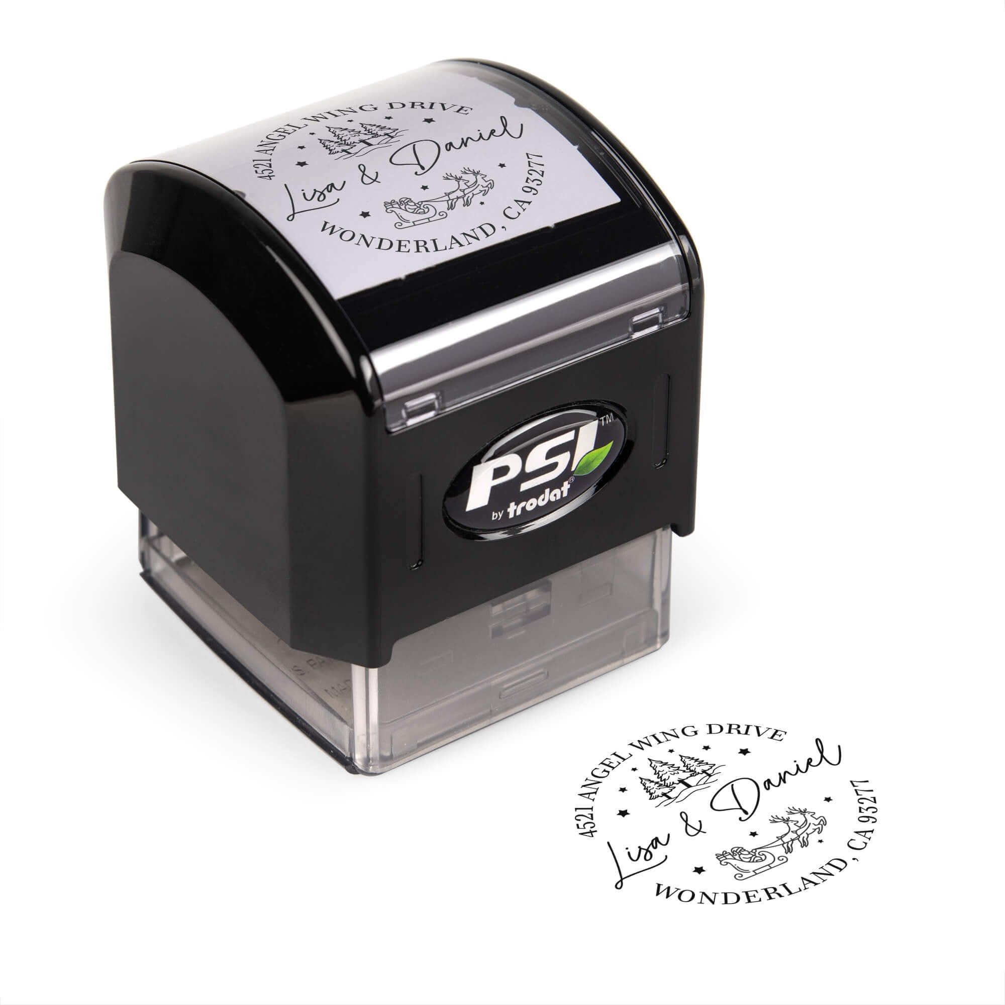 Pre-inked stamp shown from above featuring custom ‘Santa Sleigh Round’  holiday return address design.