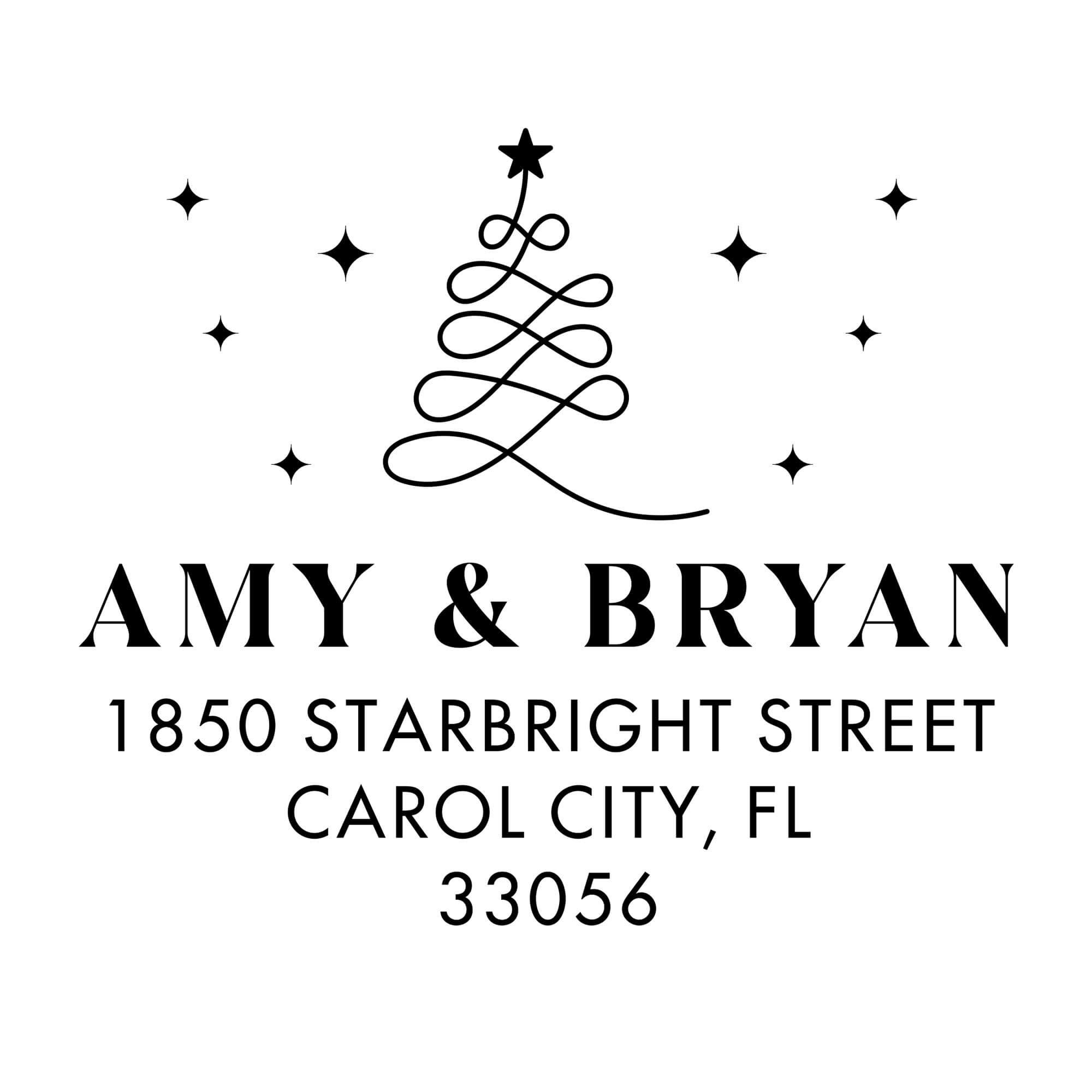 Holiday address stamp design featuring ‘Modern Christmas Tree’ with personalized family name and address.