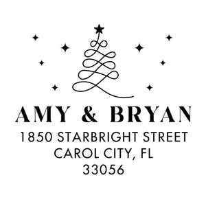 Holiday address stamp design featuring ‘Modern Christmas Tree’ with personalized family name and address.