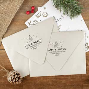  Ink impressions of ‘Modern Christmas Tree’ return address stamp on Christmas envelopes.