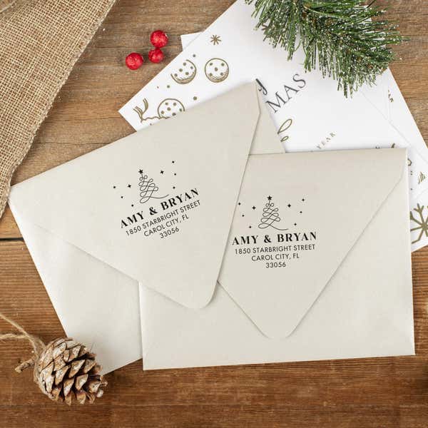  Ink impressions of ‘Modern Christmas Tree’ return address stamp on Christmas envelopes.