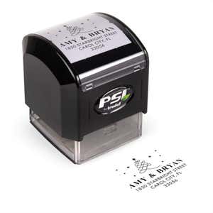 Pre-inked stamp shown from above featuring custom ‘Modern Christmas Tree’  holiday return address design.