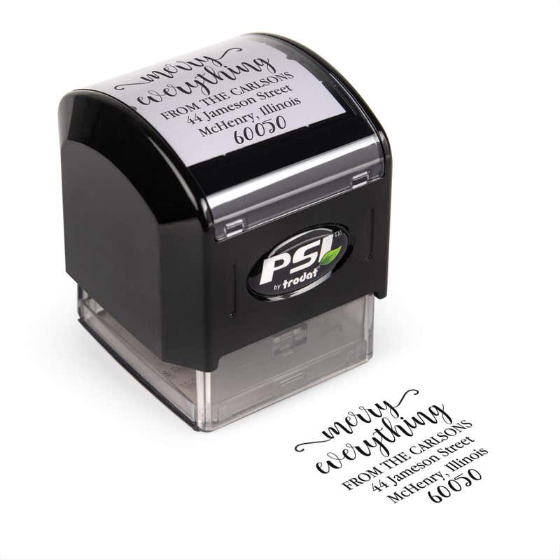 Pre-inked stamp shown from above featuring custom ‘Merry Everything’ holiday return address design.