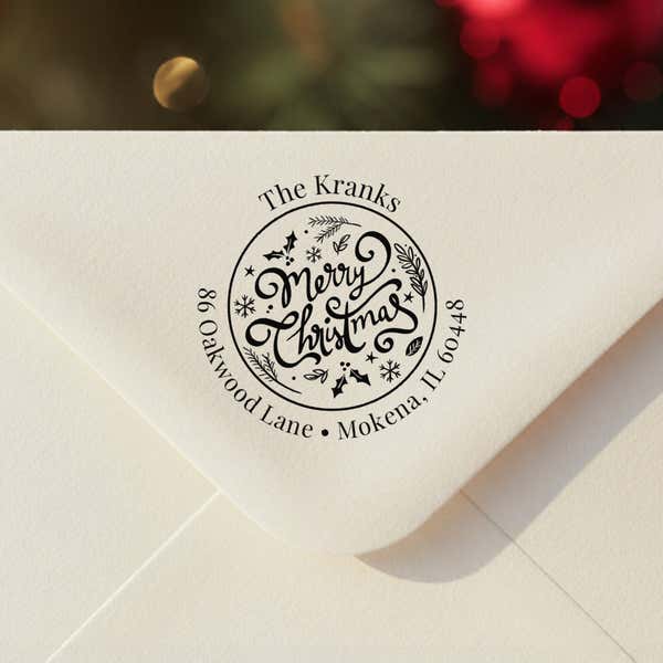 Personalized ‘Merry Christmas Script’ address stamp impression on envelope flap for holiday cards.