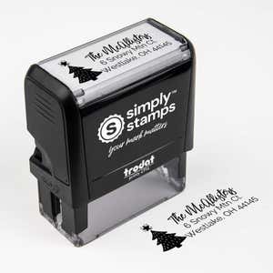 Top angle view of self-inking holiday stamp with ‘Christmas Tree Holiday’ address design.