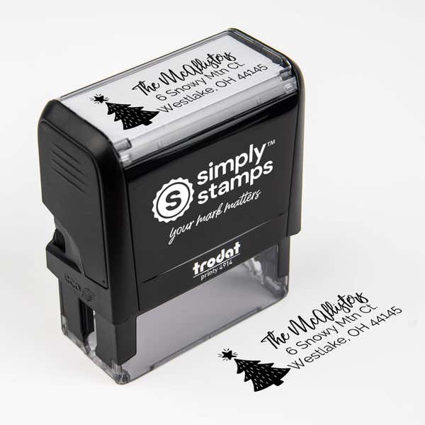 Top angle view of self-inking holiday stamp with ‘Christmas Tree Holiday’ address design.