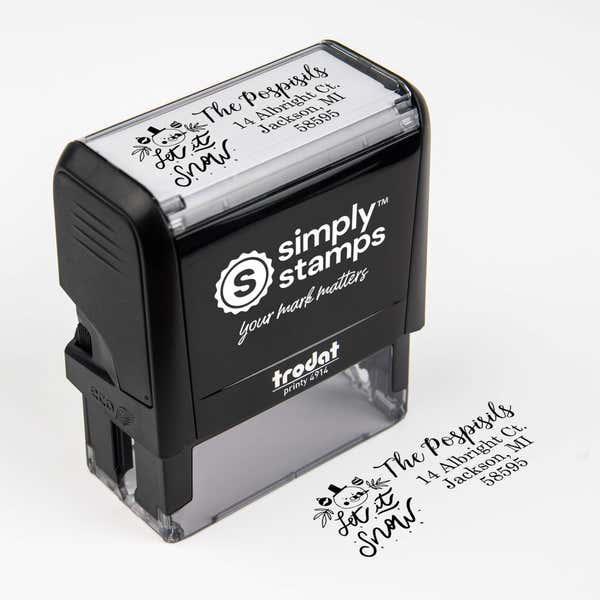 Top angle view of self-inking holiday stamp with ‘Let It Snow Winter Snowman’ address design.
