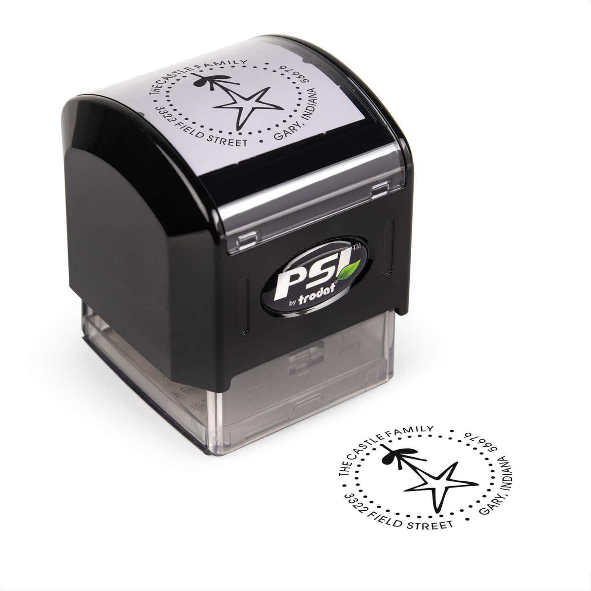 Pre-inked stamp shown from above featuring custom ‘Holiday Star’ holiday return address design.