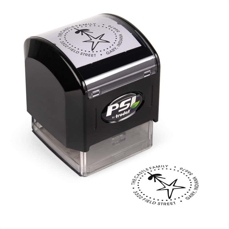 Pre-inked stamp shown from above featuring custom ‘Holiday Star’ holiday return address design.