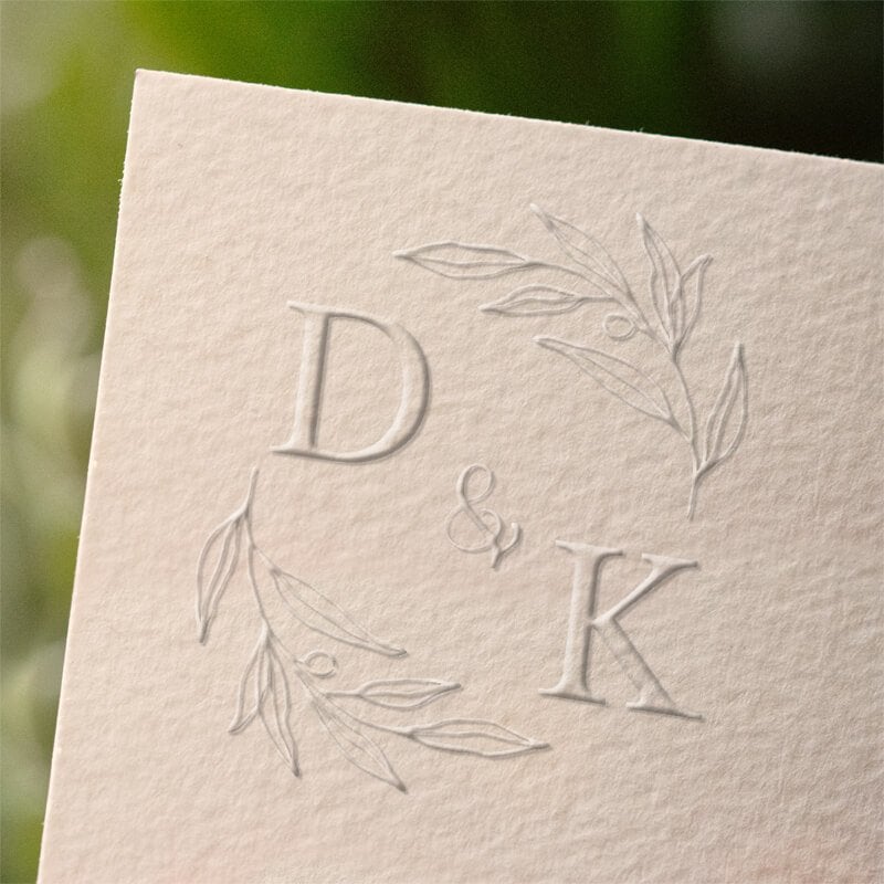 Botanical Wedding embosser with diagonal Initials and leafy design 