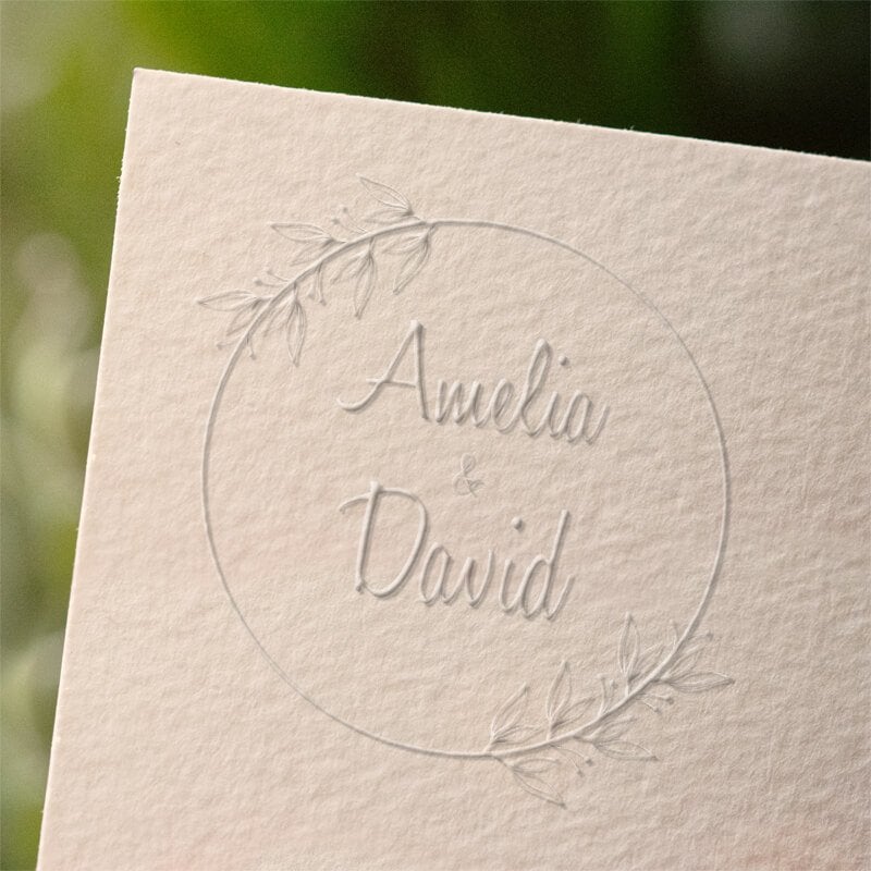 Botanical Script Wedding Embosser – Custom Circular Laurel Design impression sample on paper
