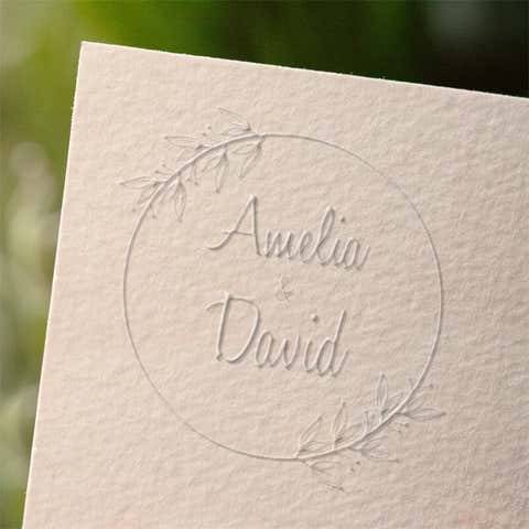Botanical Script Wedding Embosser – Custom Circular Laurel Design