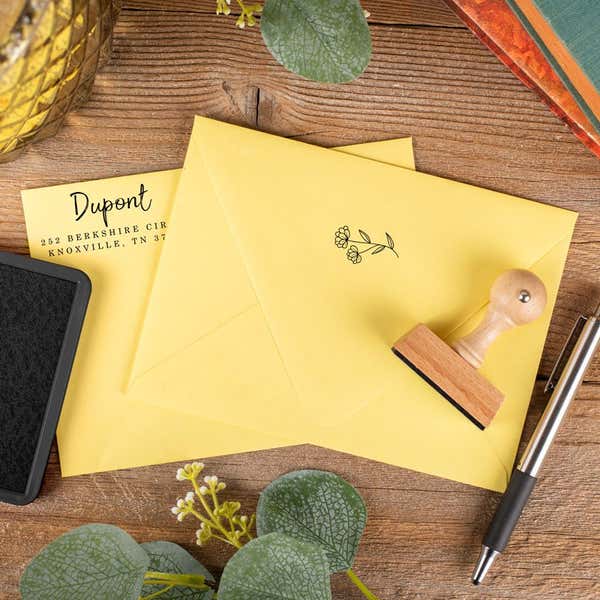 Delicate Flower Envelope Accent Stamp stamped on yellow envelope