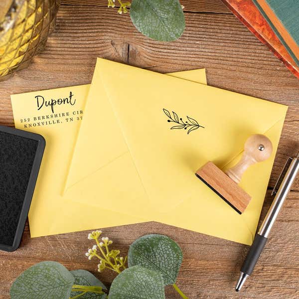 Elegant Botanical Branch Envelope Accent Craft Stamp Stamped on Yellow Envelope