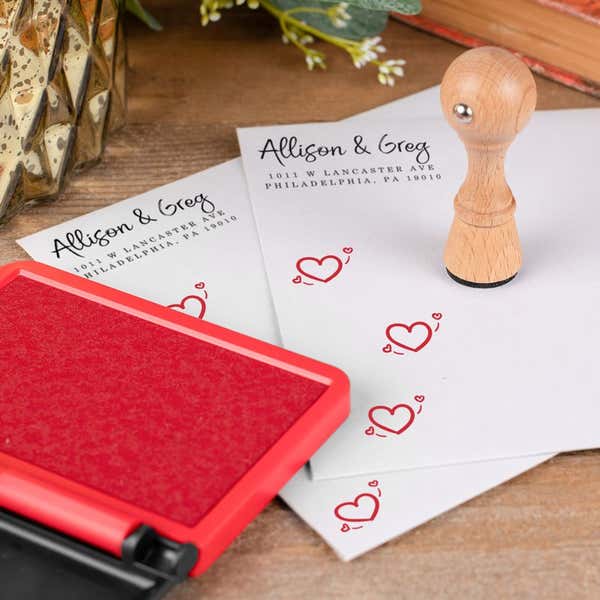 Outlined Heart Graphic Envelope Accent Craft Stamp Stamped Multiple Times in Red Ink