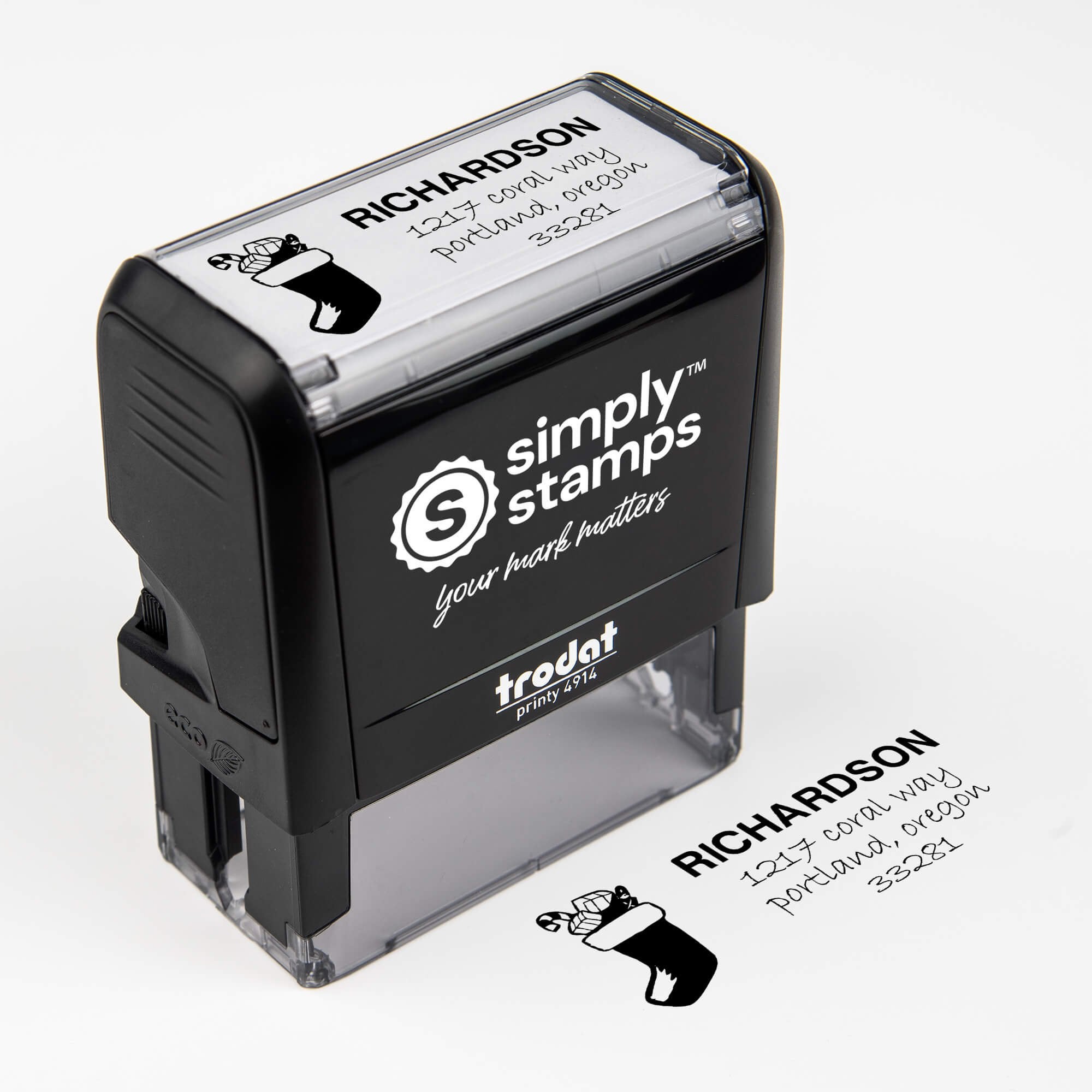Top angle view of self-inking holiday stamp with ‘Richardson Stocking’ address design.