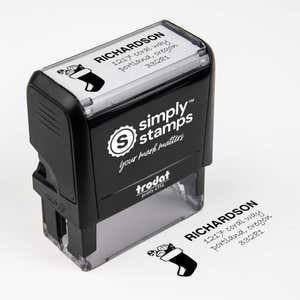 Top angle view of self-inking holiday stamp with ‘Richardson Stocking’ address design.