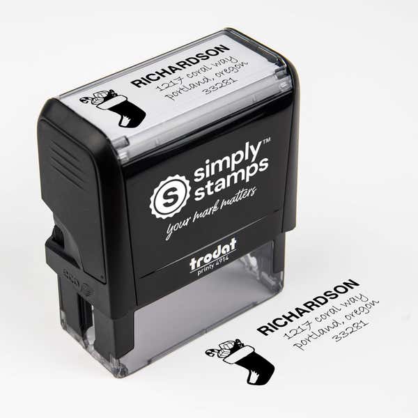 Top angle view of self-inking holiday stamp with ‘Richardson Stocking’ address design.