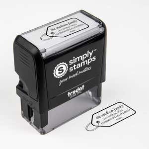 Top angle view of self-inking holiday stamp with ‘Madison Gift Tag’ address design.