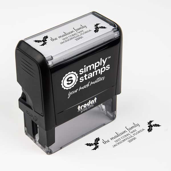 Top angle view of self-inking holiday stamp with ‘Madison Holly’ address design.