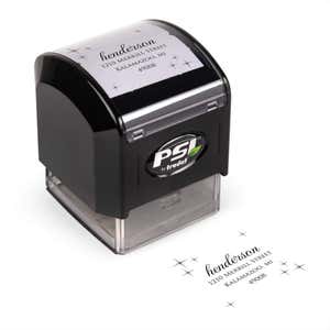 Pre-inked stamp shown from above featuring custom ‘Henderson Twilight’  holiday return address design.