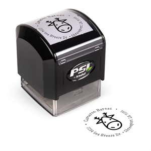 Pre-inked stamp shown from above featuring custom ‘Geometric Reindeer’  holiday return address design.