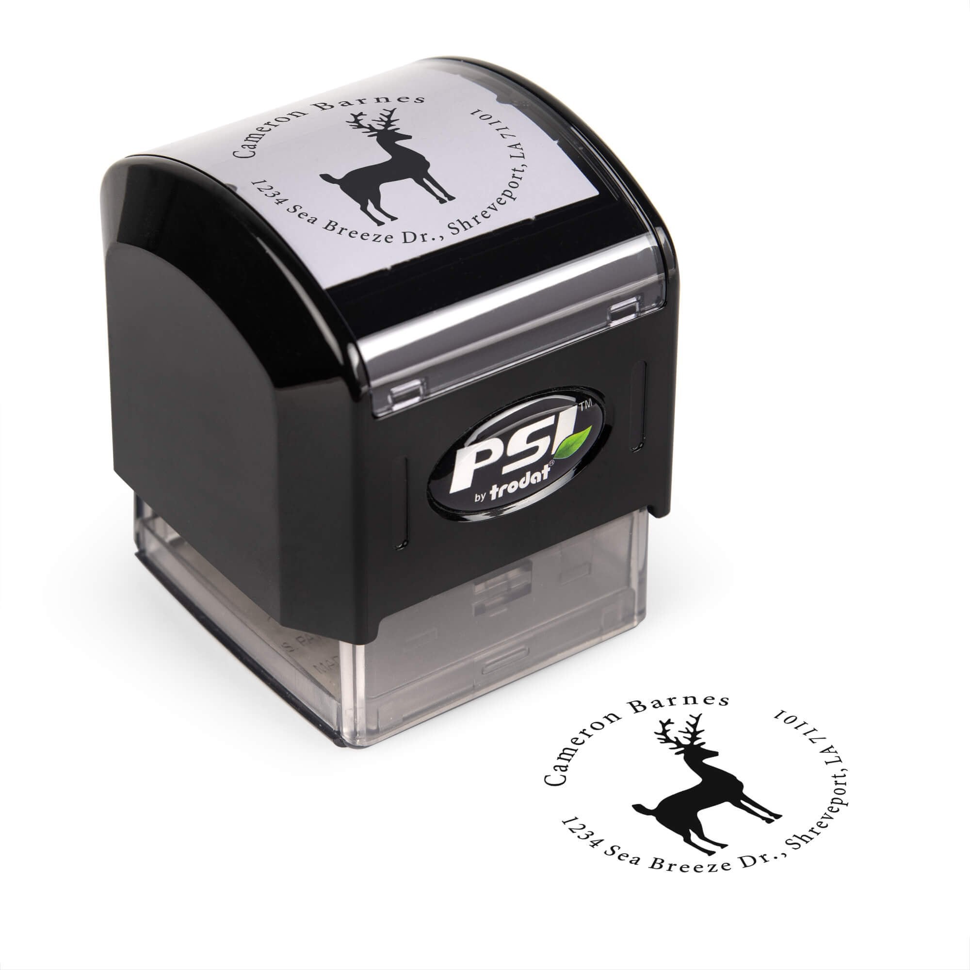 Pre-inked stamp shown from above featuring custom ‘Stag Reindeer’ holiday return address design.