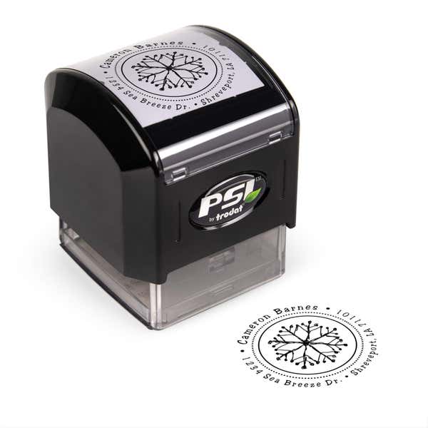 Pre-inked stamp shown from above featuring custom ‘Hand Drawn Snowflake’  holiday return address design.