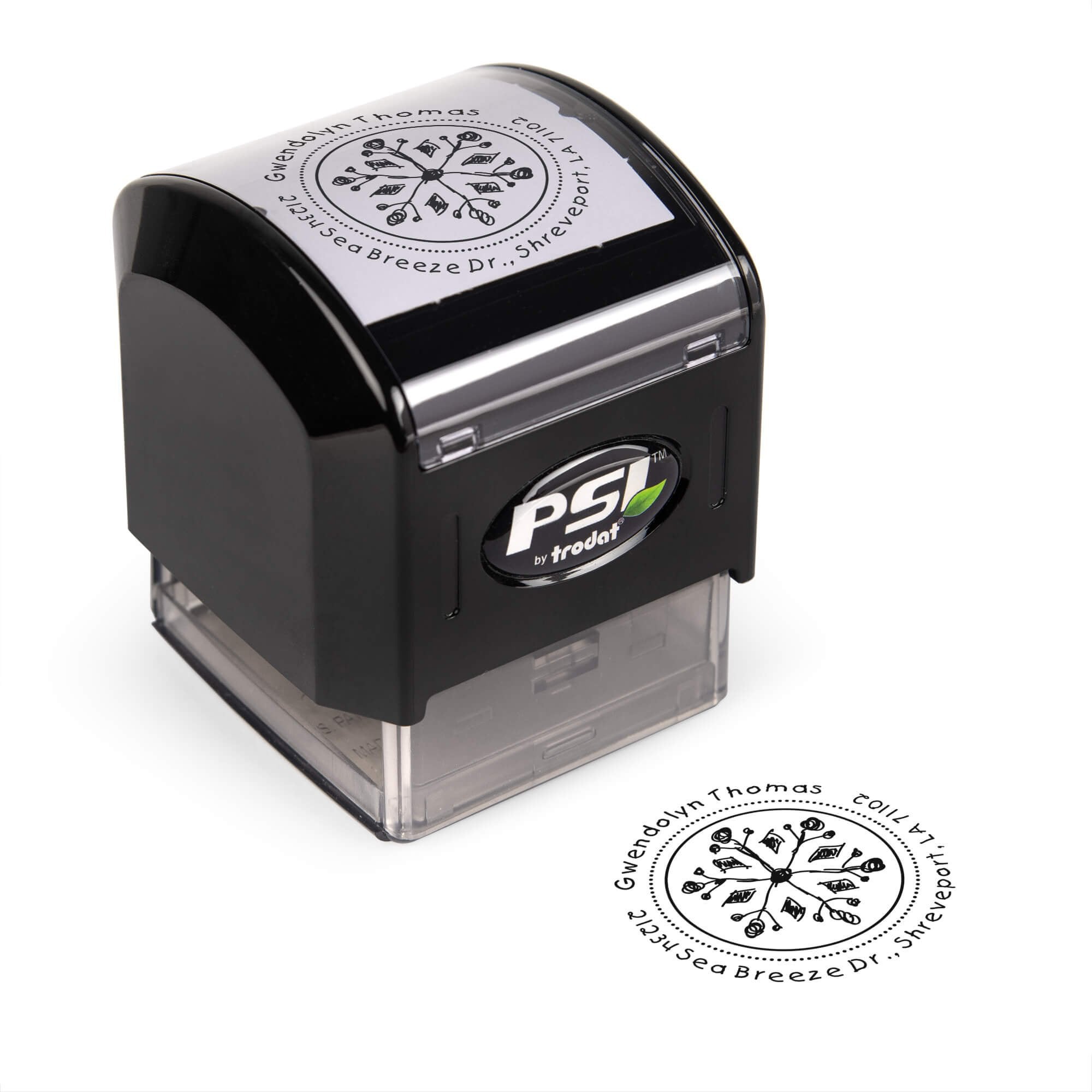 Pre-inked stamp shown from above featuring custom ‘Hand Drawn Snowflake’ holiday return address design.