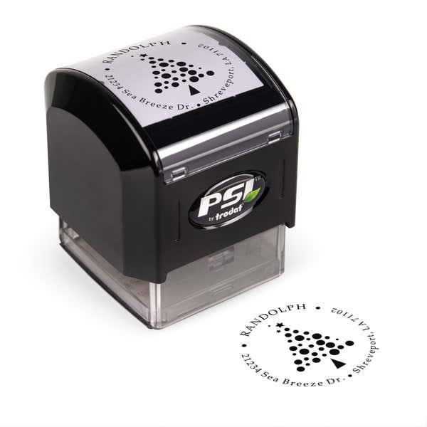 Pre-inked stamp shown from above featuring custom ‘Polka Dot Christmas Tree’  holiday return address design.