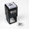 Top angle view of self-inking holiday stamp with circular ‘Scarved Snowman’ address design.