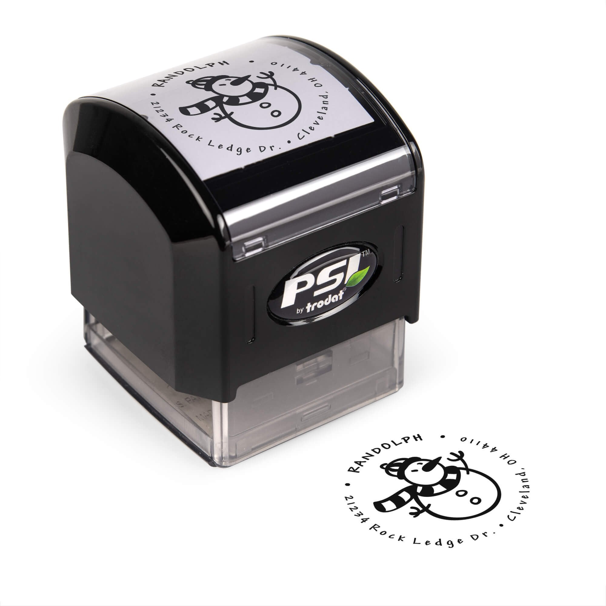 Pre-inked stamp shown from above featuring custom ‘Scarved Snowman’  holiday return address design.