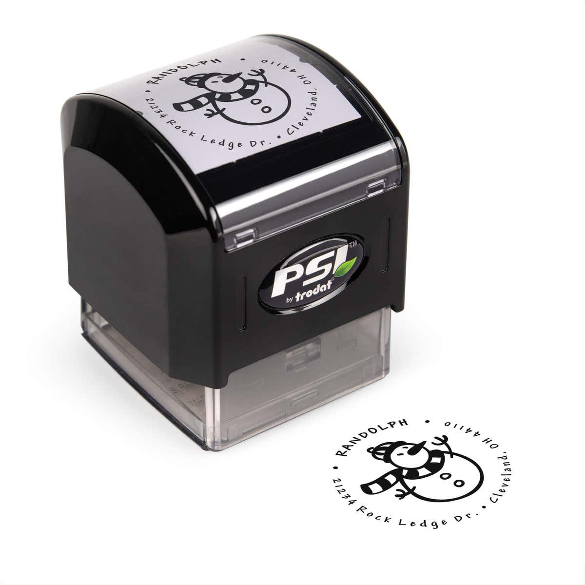 Pre-inked stamp shown from above featuring custom ‘Scarved Snowman’  holiday return address design.