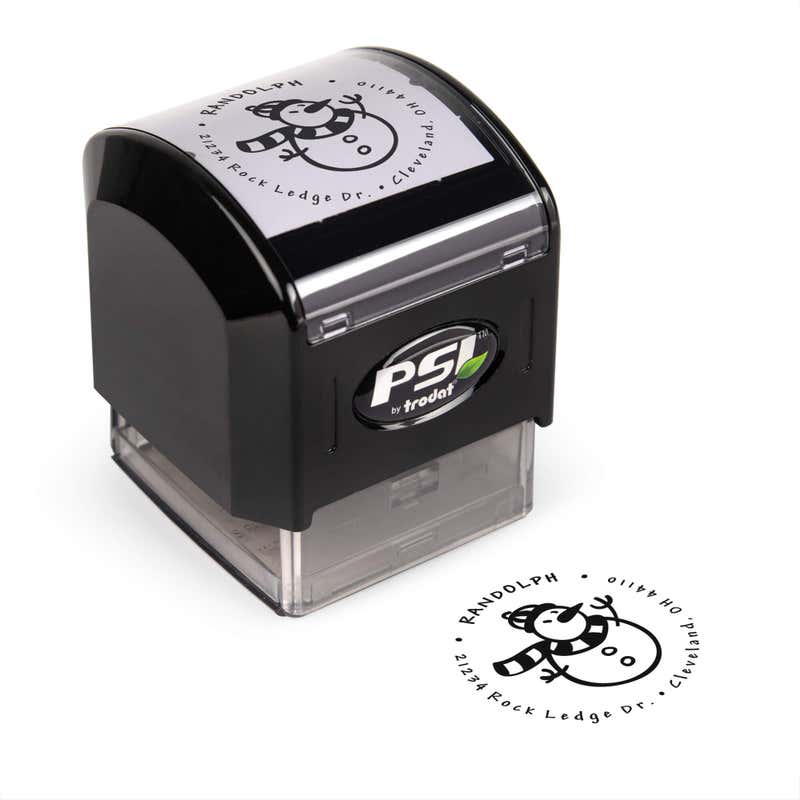 Pre-inked stamp shown from above featuring custom ‘Scarved Snowman’  holiday return address design.