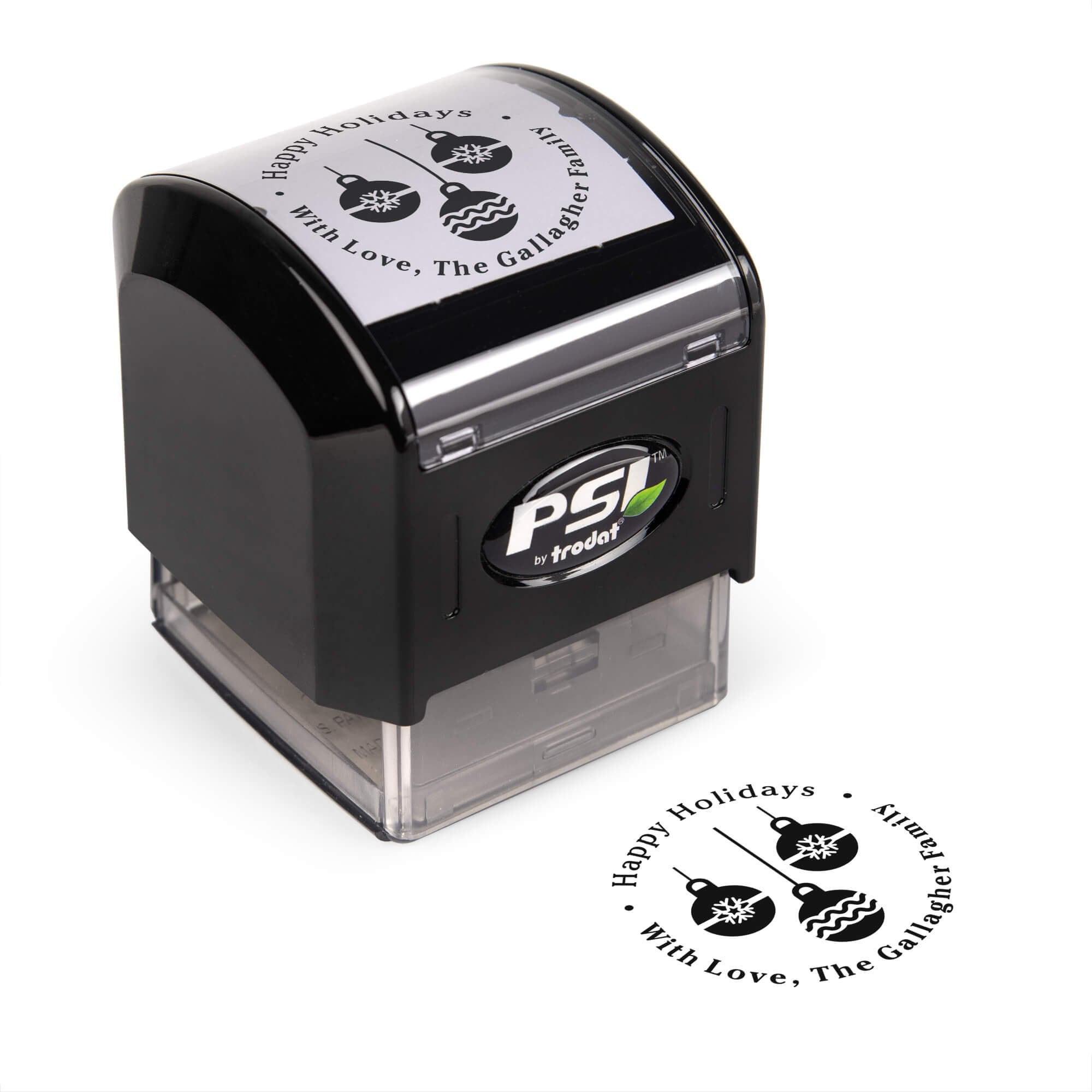 Pre-inked stamp shown from above featuring custom ‘Three Christmas Ornaments’  holiday return address design.