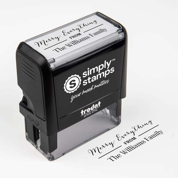Top angle view of self-inking holiday stamp with ‘Merry Everything’ address design.