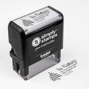 Top angle view of self-inking holiday stamp with ‘Rodham Script Christmas Tree’ address design.