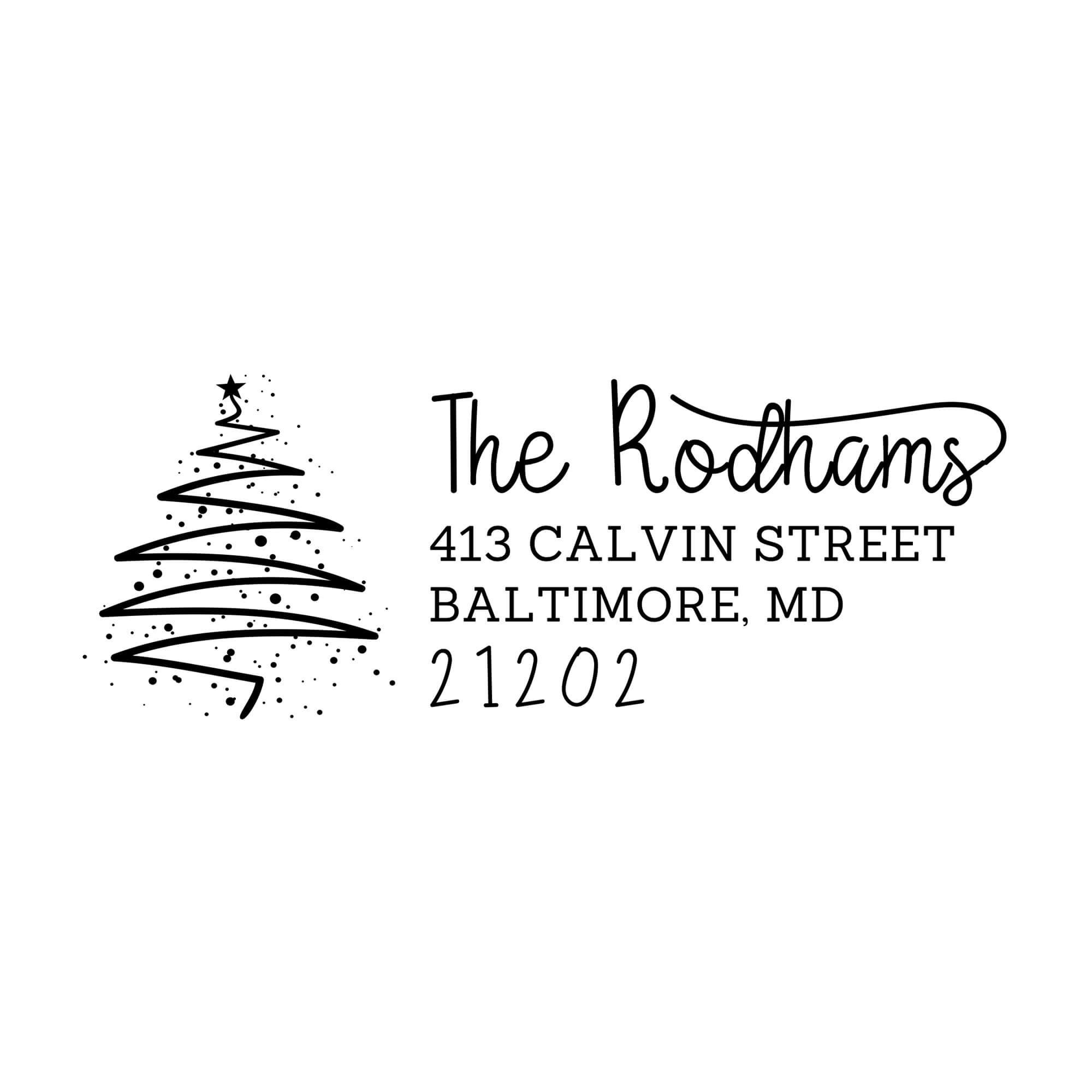 Holiday address stamp design featuring ‘Rodham Script Christmas Tree’ with personalized family name and address.