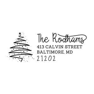 Holiday address stamp design featuring ‘Rodham Script Christmas Tree’ with personalized family name and address.