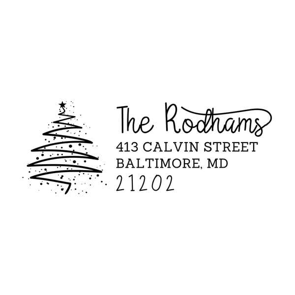 Holiday address stamp design featuring ‘Rodham Script Christmas Tree’ with personalized family name and address.