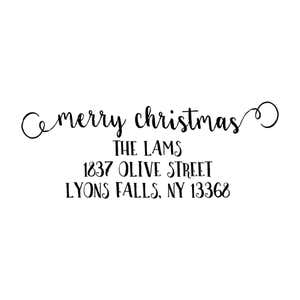Holiday address stamp design featuring ‘Merry Christmas Decorative Swirl’ with personalized family name and address.