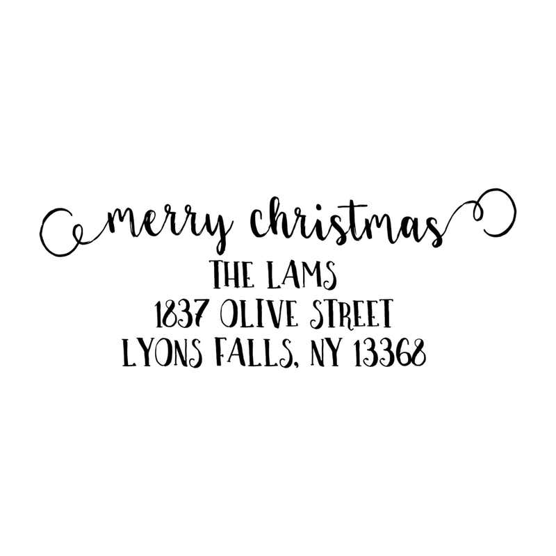 Holiday address stamp design featuring ‘Merry Christmas Decorative Swirl’ with personalized family name and address.