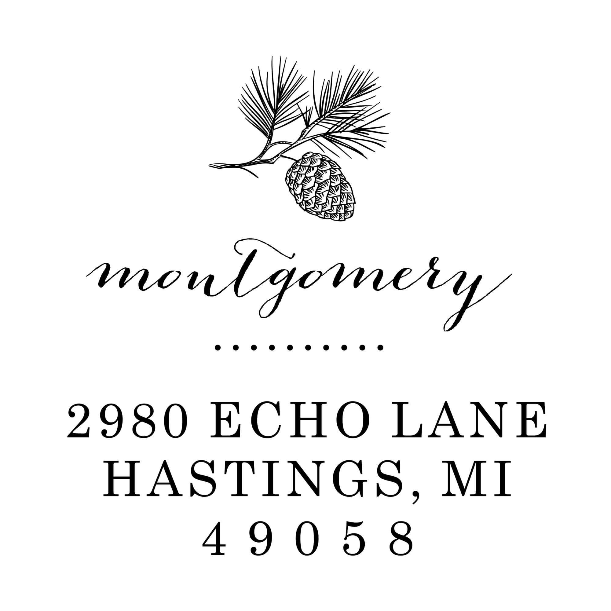 Holiday address stamp design featuring ‘Montgomery Pine Winter’ with personalized family name and address.