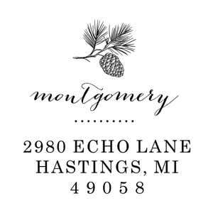 Holiday address stamp design featuring ‘Montgomery Pine Winter’ with personalized family name and address.