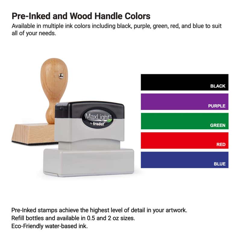 Pre-inked and wood-handle stamp ink color options infographic featuring black, purple, green, red, and blue ink choices.
